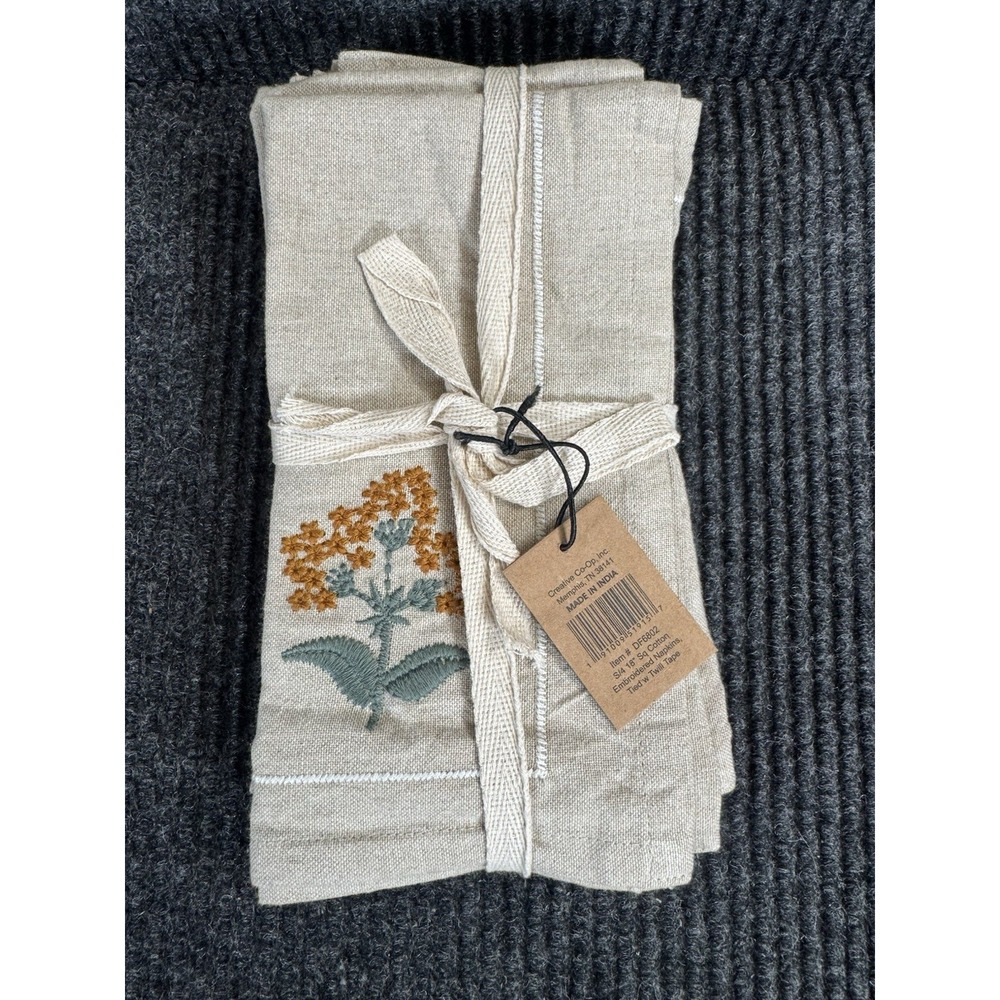 Creative Co-Op Embroidered Cotton Napkins Floral Boho Farmhouse Set of 4 DF6802